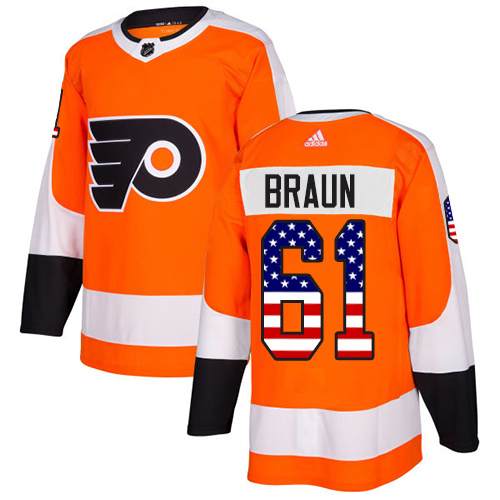 Adidas Philadelphia Flyers #61 Justin Braun Orange Home Authentic USA Flag Stitched Youth NHL Jersey